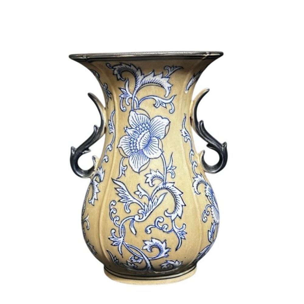 Vintage Formalities By Bauym Bros. Stoneware Vase Medium Blue Tan Floral Ceramic